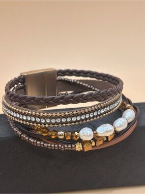 Multi-Strand Brown & Gold Beaded Wrap Bracelet with Pearls